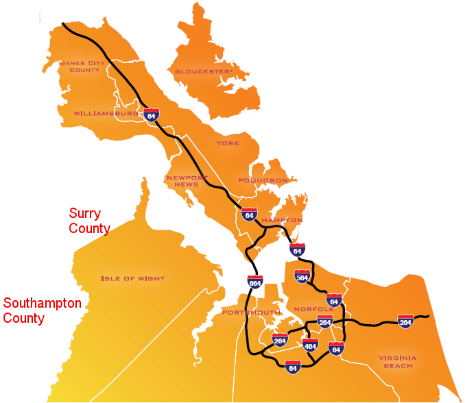 Surry and Southampton counties, plus the City of Franklin, belonged to the Hampton Roads Planning District Commission (HRPDC) in 2014 but were not part of the Hampton Roads Transportation Planning Organization (HRTPO)