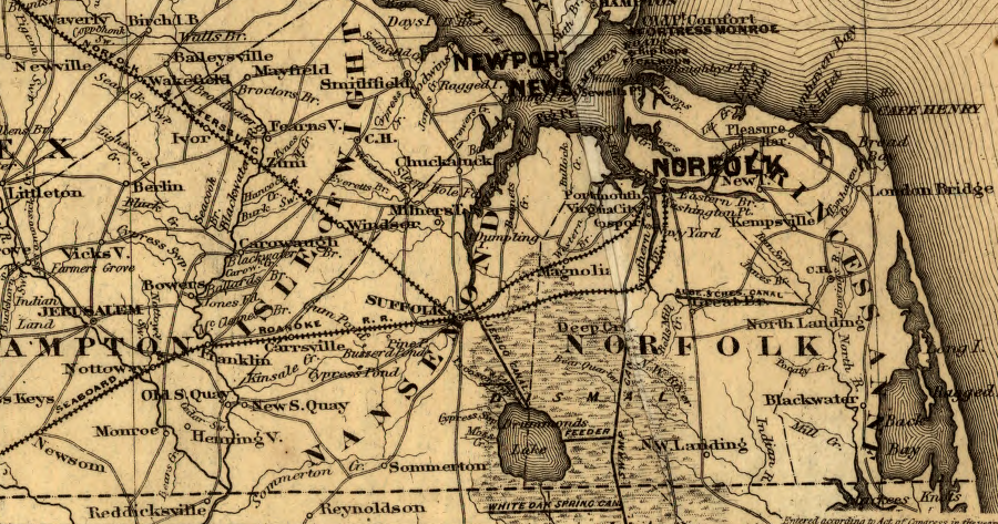 railroads linked Suffolk, Portsmouth, and Norfolk to the east, while the Albemarle and Chesapeake Canal linked to North Carolina in the south