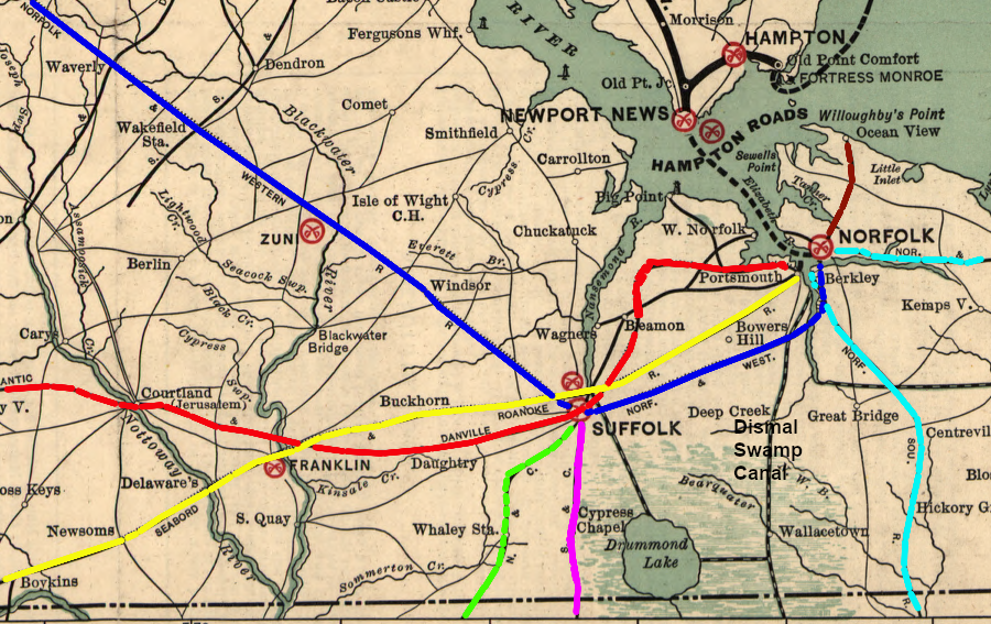 in 1895, Norfolk and Portsmouth were major transportation centers due to railroads, canals, and shipping terminals on the Elizabeth River