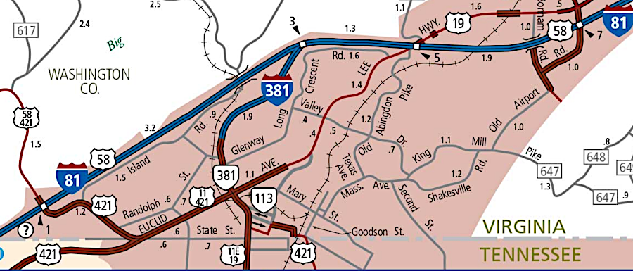 I-381 is a dead-end spur from the main interstate, so it uses an odd number (3) at the start of its three-number designation