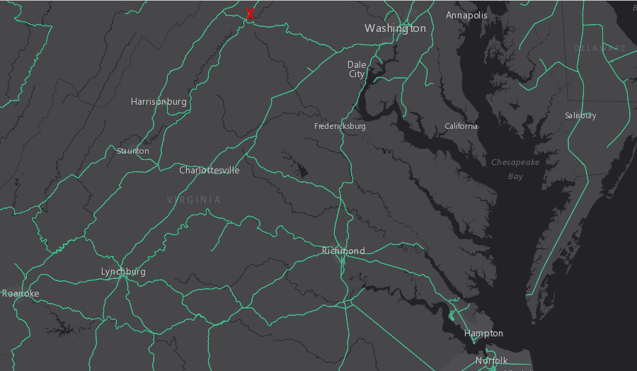 the Virginia Inland Port (red X) is connected to ocean-going ships via railroads (green lines on map), enabling containers to be moved between the Shenandoah Valley and Norfolk at lower cost than by truck
