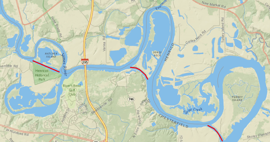 between 1864-1940, the US Army Corps of Engineers cut and widened three channels through bends in the James River so longer ships could reach Richmond