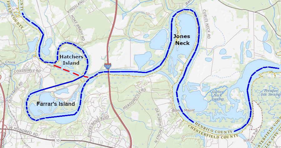 before canals were excavated as short-cuts, the James River shipping channel followed the blue line (Dutch Gap Canal is red line)