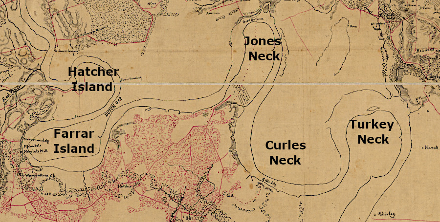 ships had to navigate around three bends in the James River, before canals cut through them after the Civil War