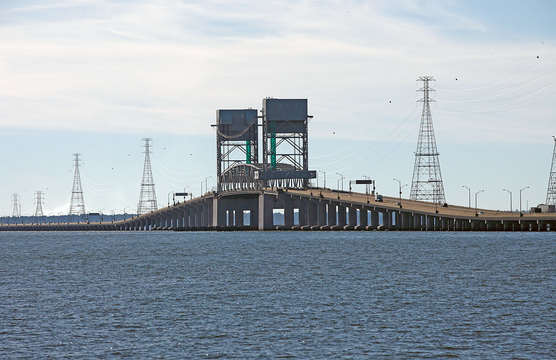 looking upstream at the James River Bridge, from Newport News towards Isle of Wight County