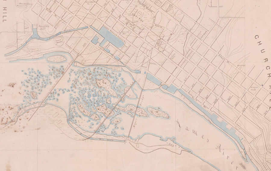 path of the James River and Kanawha Canal through Richmond before the Civil War