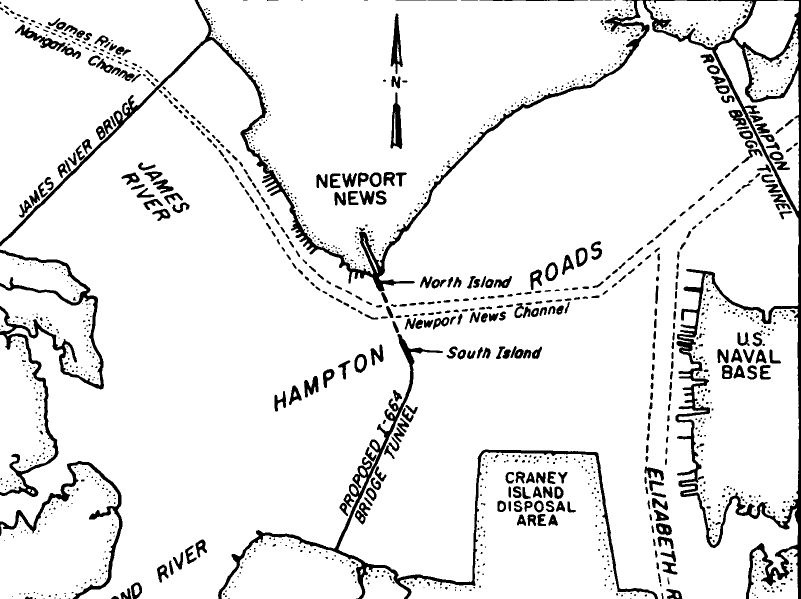 the shipping channel to Richmond extends upstream from Newport News, in a channel dredged through Wreck Shoal above the James River Bridge