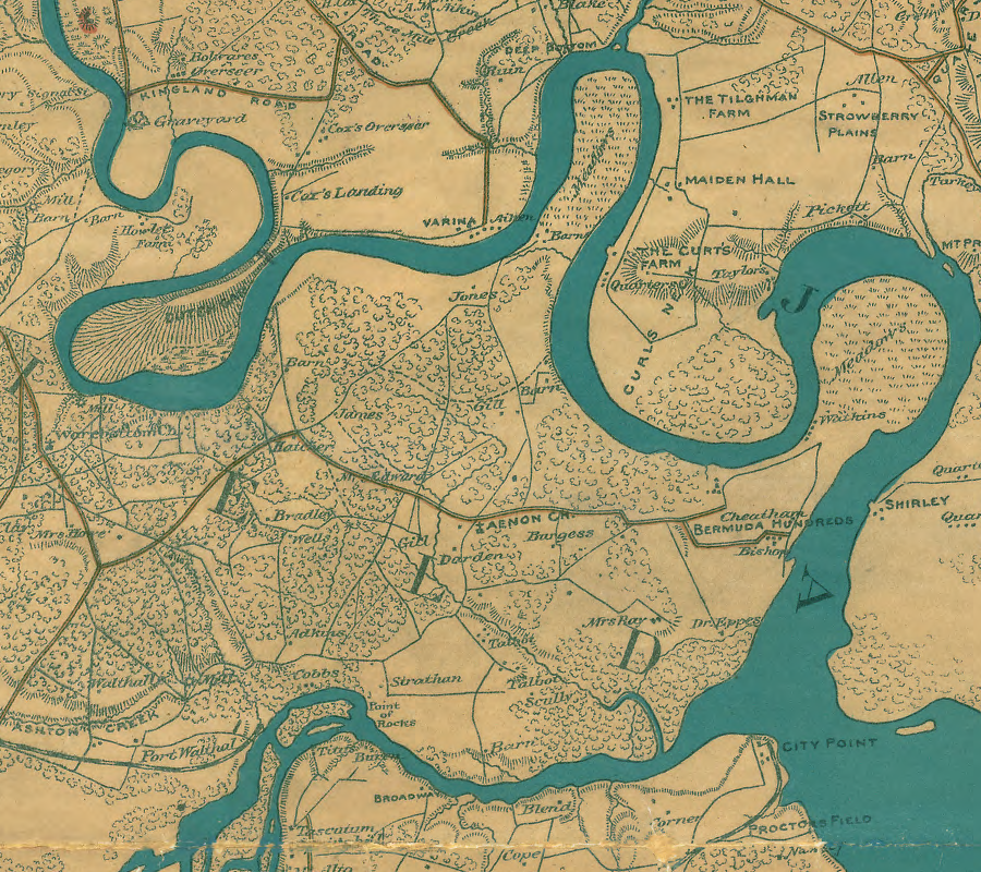 in 1607 Christopher Newport sailed/rowed around multiple necks as the English colonists went upstream from the Appomattox River to the Fall Line