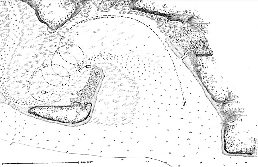 path of two aerodrome flights on May 6 and November 28, 1896 at Chopawamsic Island