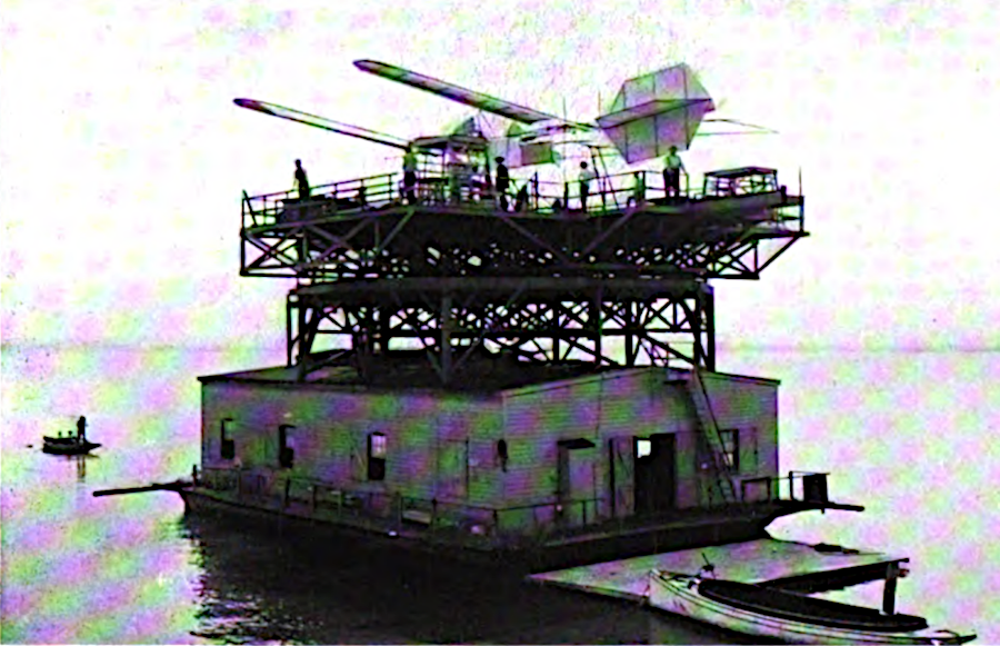 Langley's 1903 attempt to build a plane carrying a human pilot required a larger housboat than his 1896 tests