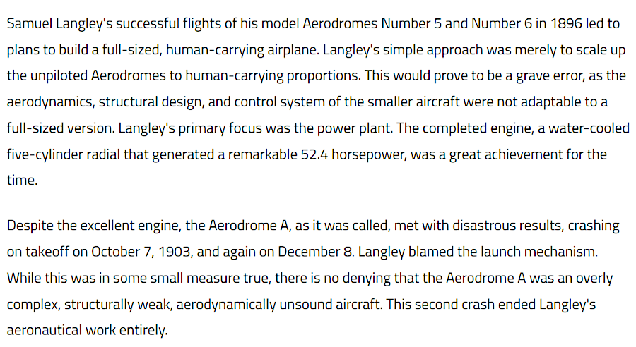 the Smithsonian Institution website now emphasizes that Aerodrome A, which crashed on December 8, 1903, was an aerodynamically unsound aircraft