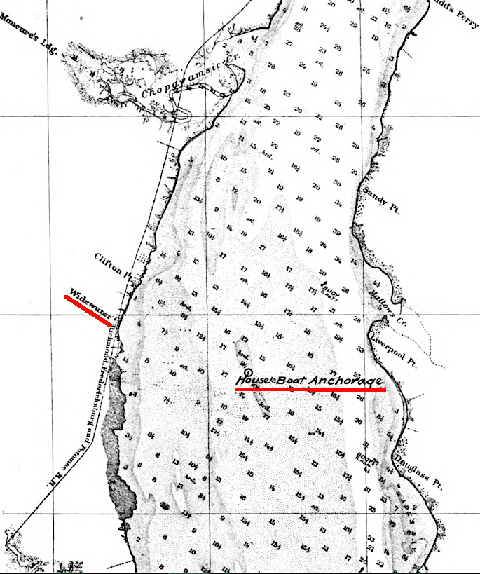 in July 1903, when first testing a plane designed to carry a pilot, Langley located the new housboat opposite Widewater (downstream from Chopawamsic Island)