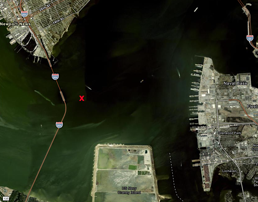 Middle Ground Lighthouse is east of the Monitor–Merrimac Memorial Bridge-Tunnel