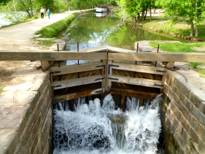 reconstructed lock and gate on Chesapeake and Ohio Canal showing how water was released from from canal to fill lock