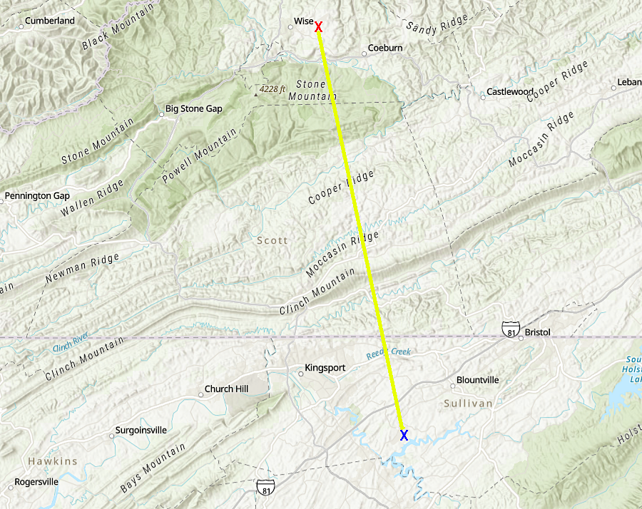 Appalachian Airlines once flew between Lone Pine Regional Airport (LPR - red X) and Tri-Cities Regional Airport (TRI - blue X)