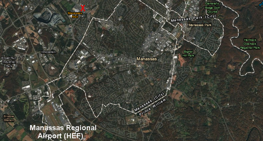 the site of the original Manassas airport (red X), across Sudley Road from Manassas Mall, is three miles from today's Manassas Regional Airport (HEF)