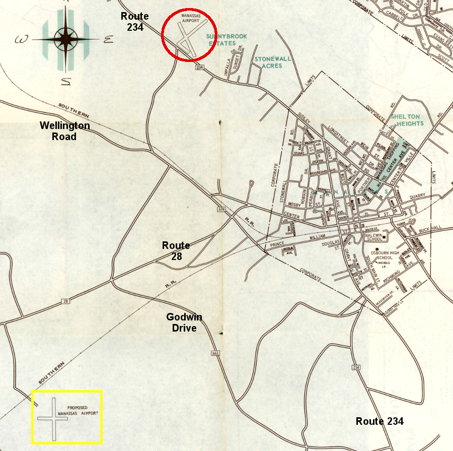 the first airport at Manassas (red circle) is now the Manaport Shopping Center, redeveloped after the new airport (yellow square) opened in 1964