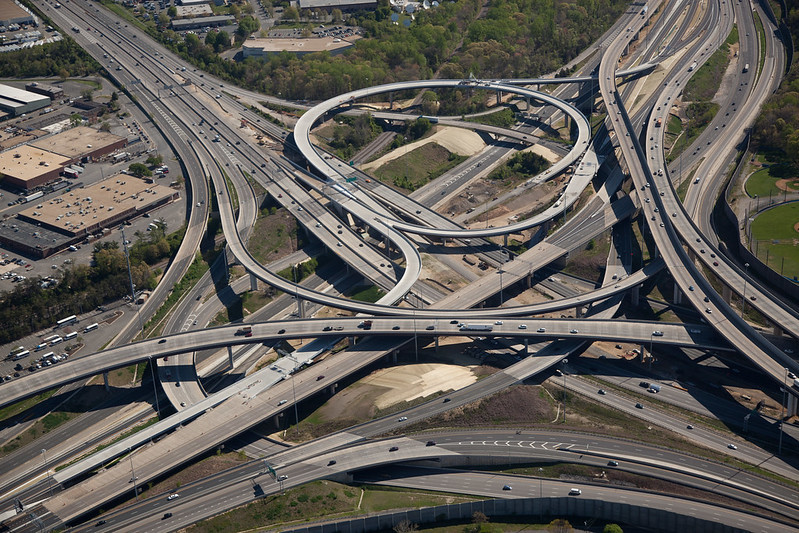 the complex I-395/I-495 interchange at Springfield, the modern mixing bowl, has 50 ramps and bridges to separate lanes of traffic