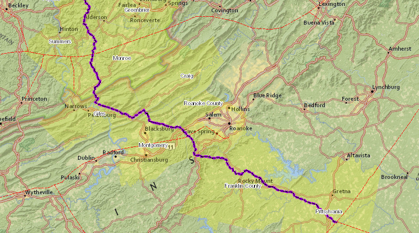 the Mountain Valley Pipeline would enter Virgnia at Peters Mountain in Giles County on the West Virginia-Virginia border, and end at Transco Station 165 in Pittsylvania County