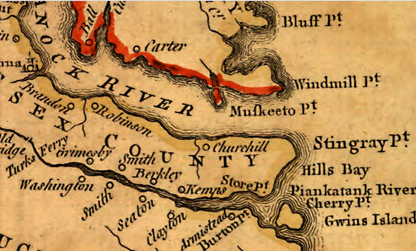 the natural river channels of the Piankatank, Rappahannock, and other rivers in Tidewater were deep enough for ocean-going ships in the 1700's to sail directly to plantations, delaying the development of centralized port towns