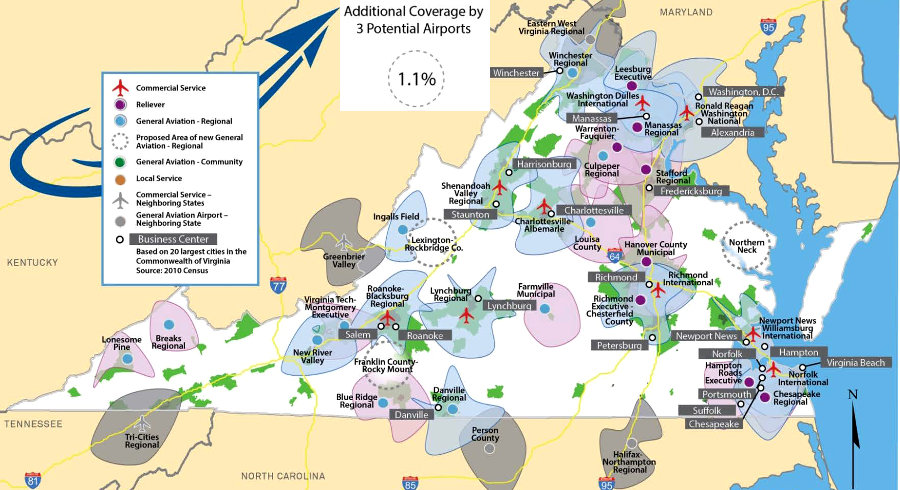 Virginia could increase the number of Business Class airports by upgrading existing General Aviation airports, constructing three new ones, and replacing Grundy Municipal Airport with Breaks Regional Airport
