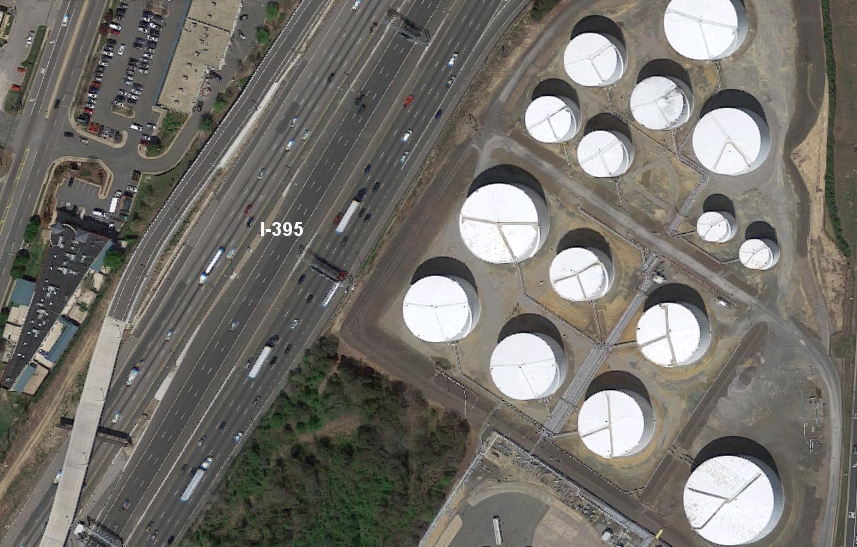 the Plantation Pipeline ends at Newington, with tank farms viewed by travelers on I-395