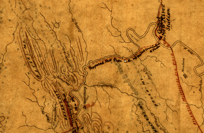 route of proposed railroad down New River, west of Radford (Central)