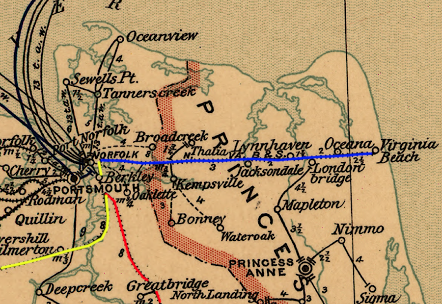 three railroads linked directly to Norfolk in 1896 (yellow=Norfolk and Western, red=original Norfolk Southern, blue=Norfolk, Virginia Beach & Southern Railroad
