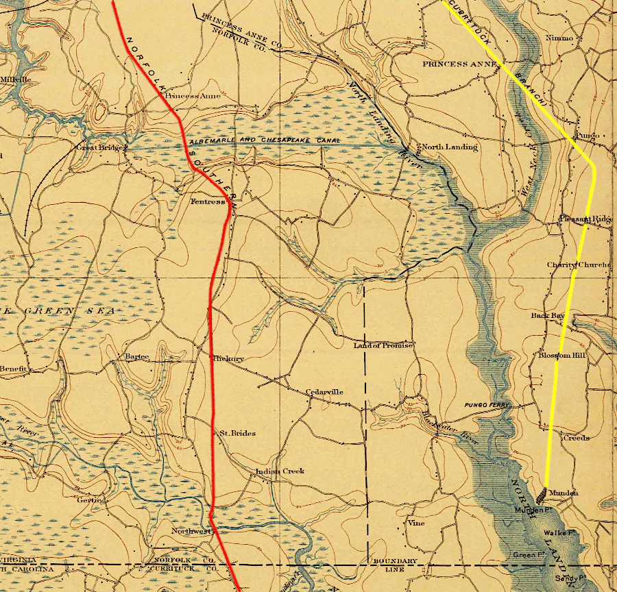 the Norfolk Southern Railroad (red) and its Currituck Branch (yellow) paralleled the North Landing River on either side, competing with the Albemarle and Chesapeake Canal