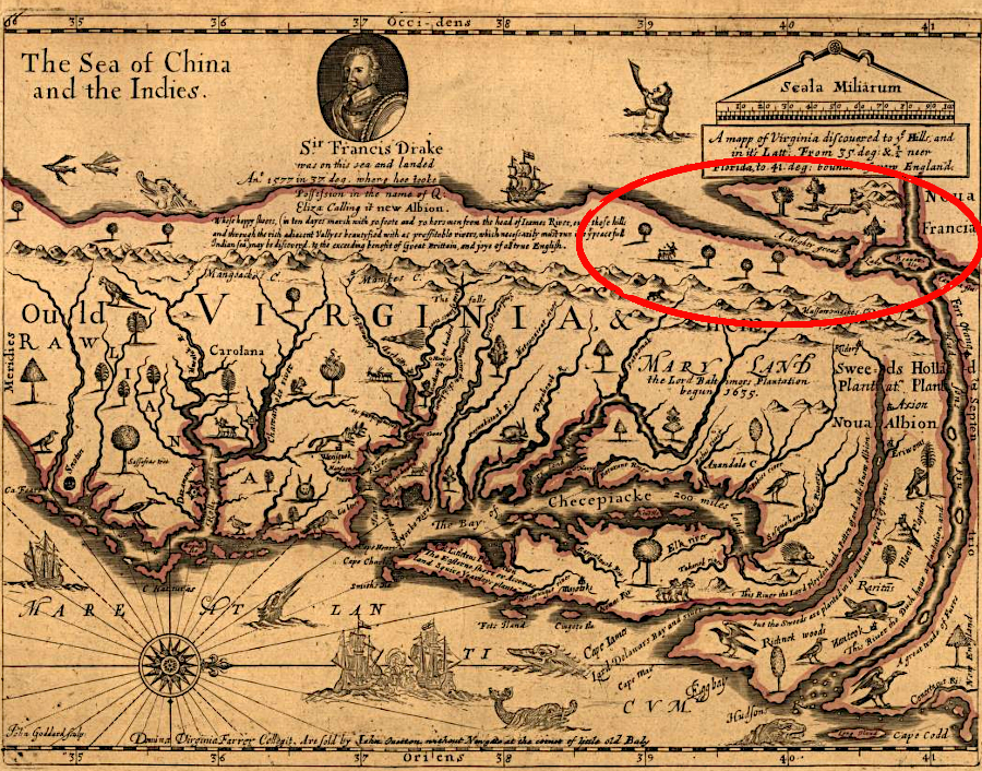 in the mid-1600's, the English still speculated that the Hudson River (far right of map) connected via a Northwest Passage to the Pacific Ocean