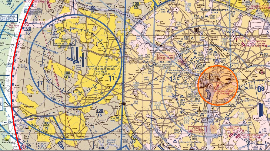 aeronautical chart for area including Dulles International Airport (IAD) and Reagan National Airport (DCA)