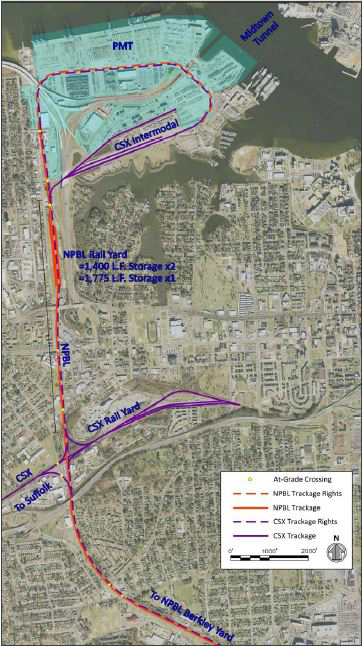 CSX and the Norfolk and Portsmouth Belt Line provide rail access to Portsmouth Marine Terminal (PMT)