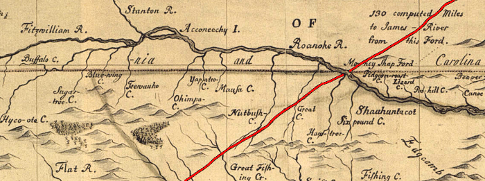 Occaneechee Trading Path, on a map produced by a North Carolina surveyor (who depicted the <em>Fitzwilliam</em> rather than the <em>Dan</em> river)