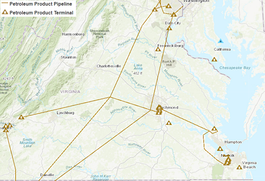 Virginia has three major pipelines for refined petroleum products, two going north-south and one going east-west