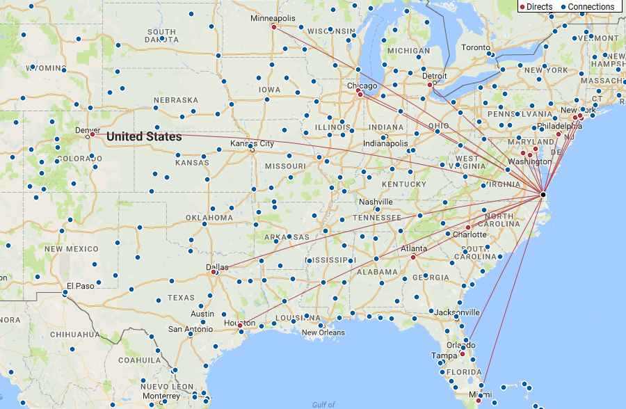 in 2017, Norfolk International Airport (ORF) also had non-stop flights to the same four destinations west of the Mississippi River: Minneapolis, Denver, Dallas/Fort Worth, and Houston