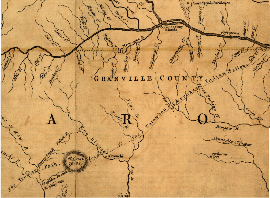 the 1755 Fry-Jefferson map of Virginia recorded the trading path to the Cherokee and western Carolina tribes, with the former trading place on the Roanoke River at Occaneechee