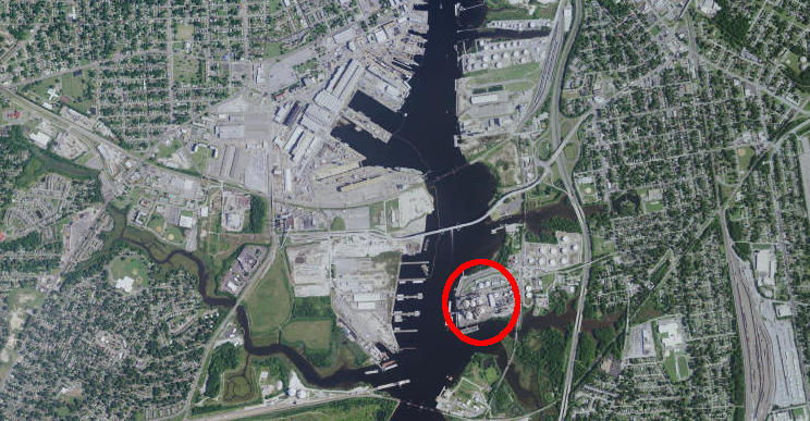 the terminal for Perdue Agribusiness (circled in red) is across the Southern Branch of the Elizabeth River from the Norfolk Naval Shipyard