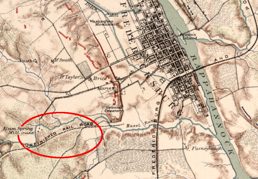 the planned Fredericksburg & Gordonsville Rail Road was partially graded but had no rails to carry traffic during the Civil War