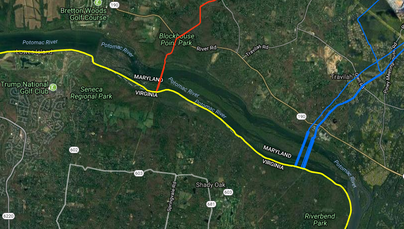 Colonial Pipeline (orange) runs north of Fairfax County, crossing the Potomac River on its path to Linden, NJ