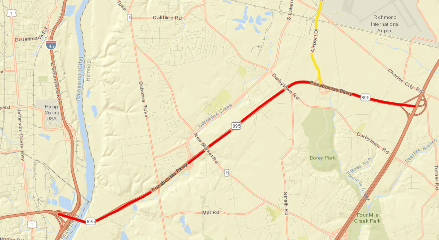 the Pocahontas Parkway (red) opened in 2002 and the Richmond Airport Connector (yellow) was built in 2011