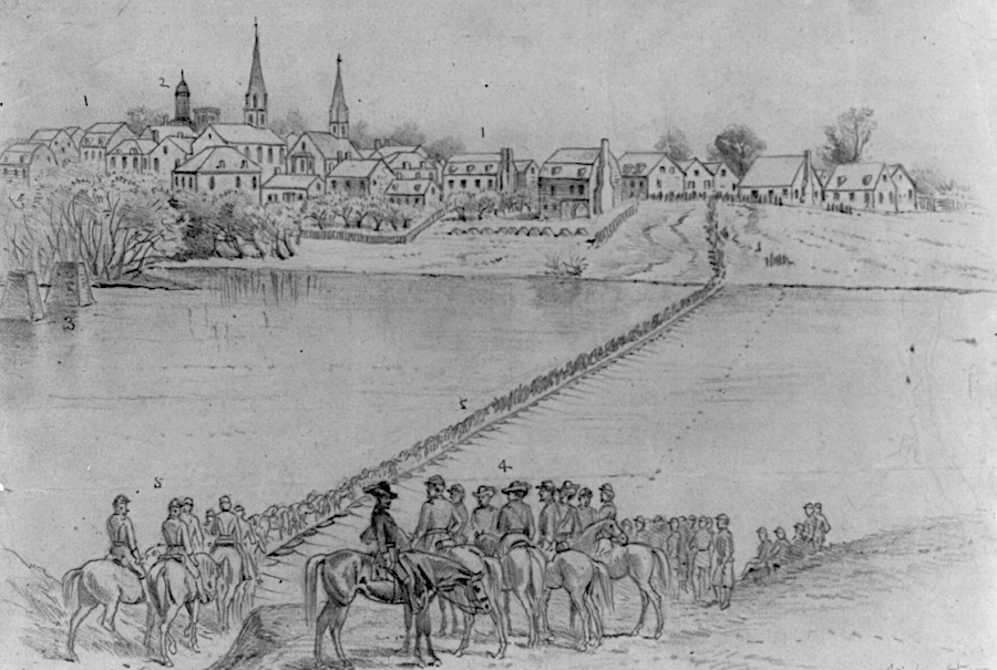 the Union Army crossed over the Rappahannock River, from Falmouth into Fredericksburg, at the start of the Peninsula Campaign