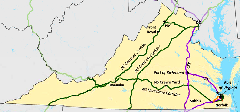 primary Virginia rail corridors for Port of Virginia cargo