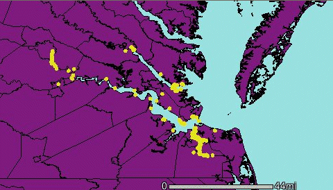Virginia's ports in the Coastal Plain are concentrated in or near Hampton Roads
