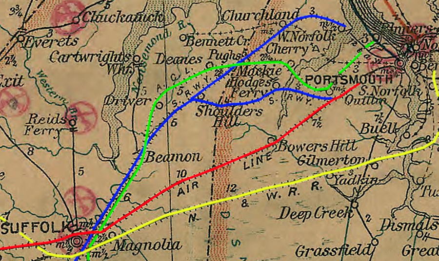 in 1906: green=the Western Branch Railway/Norfolk & Carolina Railroad/Atlantic Coast Line, yellow=Norfolk and Petersburg/Norfolk and Western, blue=Atlantic and Danville/Southern Railway, red=Portsmouth and Roanoke/Seaboard and Roanoke/Seaboard Air Line