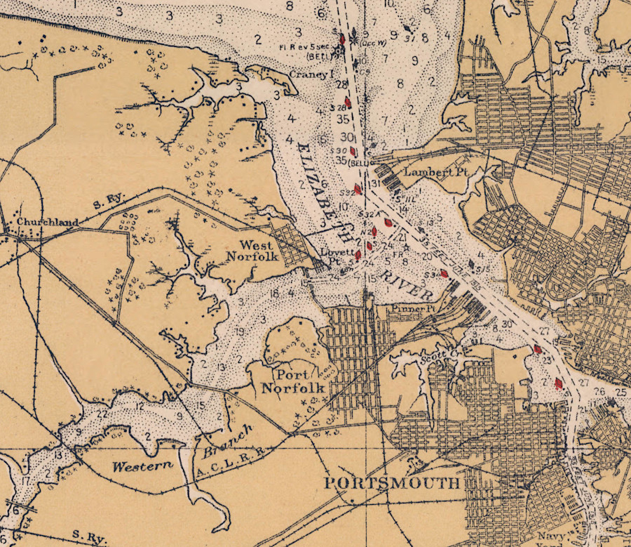 multiple railroads built piers and wharves along the Elizabeth River