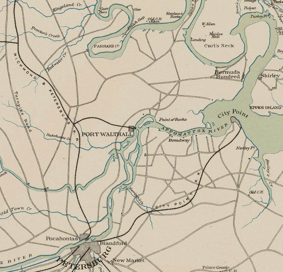 prior to the Civil War, both Richmond and Petersburg built railroads to wharves near the mouth of the Appomattox River