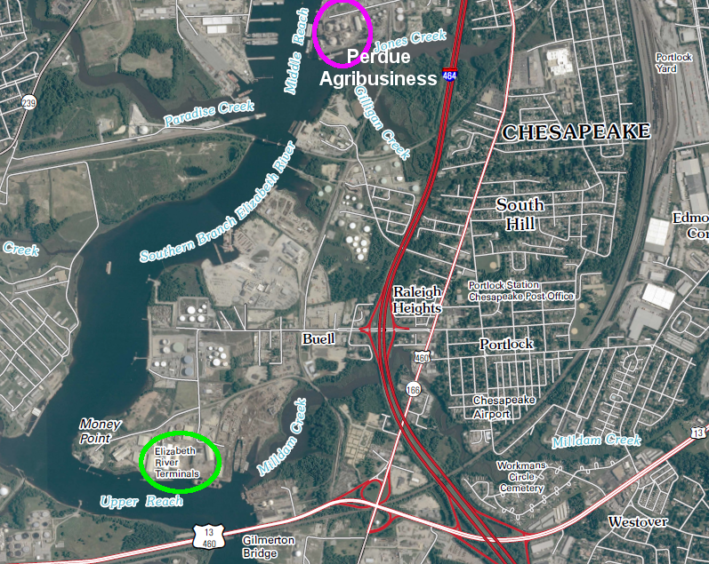 Perdue Agribusiness ships soybeans from its private terminal on the Elizabeth River (purple circle)<br>and KinderMorgan handles bulk cargo at its private terminal further south (green circle)