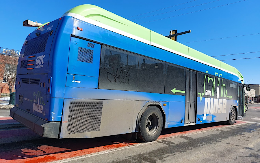 Pulse bus in dedicated lane (painted red) on Broad Street