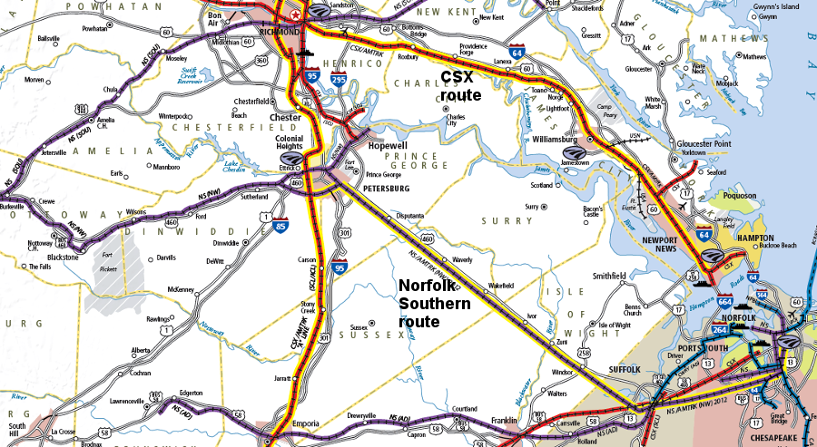 CSX hauls coal through Richmond/Williamsburg to an export terminal at Newport News, while Norfolk Southern hauls coal through Roanoke/Petersburg to Pier 6 at Norfolk