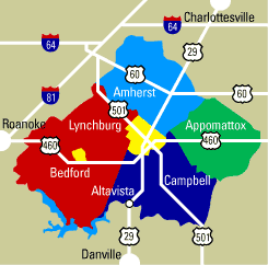 the Lynchburg Regional Airport is in the center of Region 2000, which ecourages economic development in Central Virginia